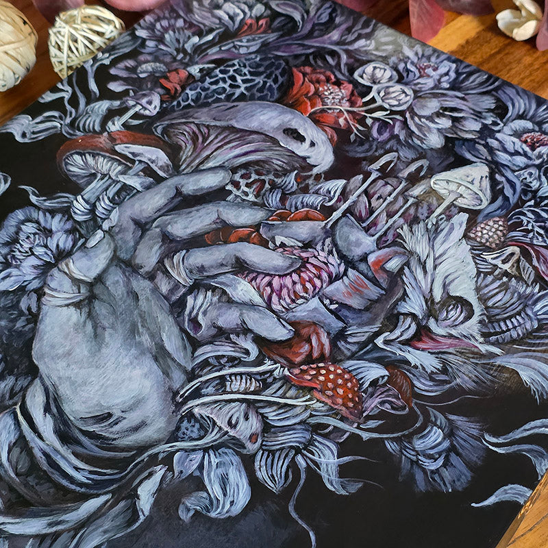Original Acrylic Painting with Mushrooms and Flowers