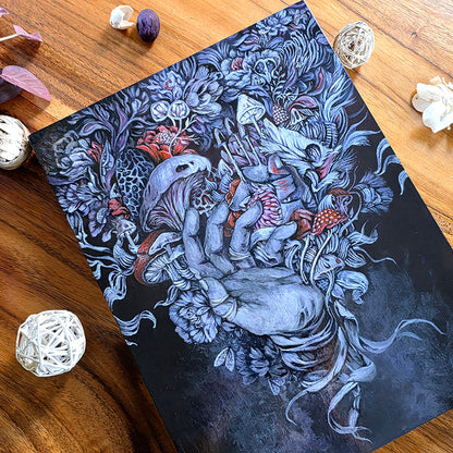 Original Acrylic Painting with Mushrooms and Flowers