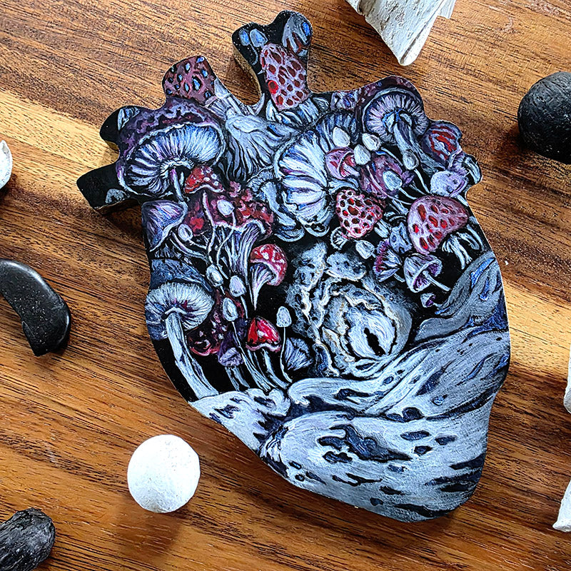 Heart Shaped Original Fantasy Painting with Mushrooms