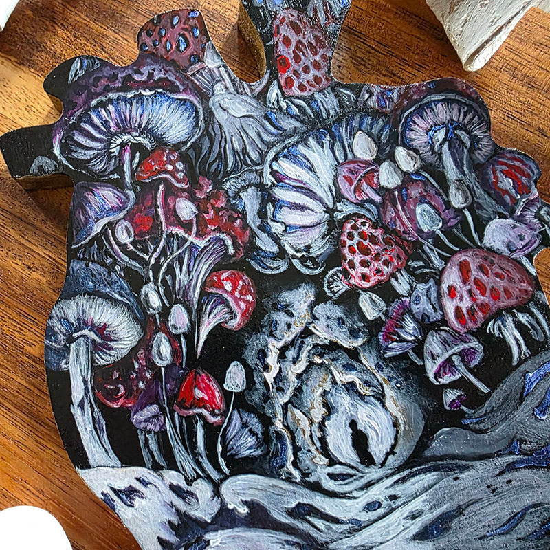 Heart Shaped Original Fantasy Painting with Mushrooms