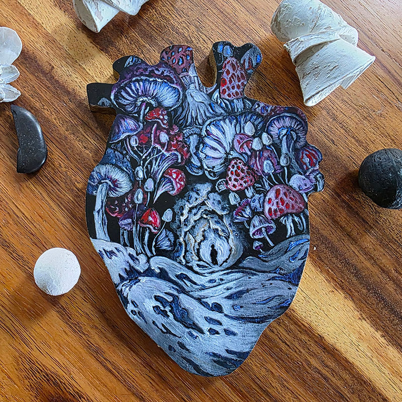 Heart Shaped Original Fantasy Painting with Mushrooms