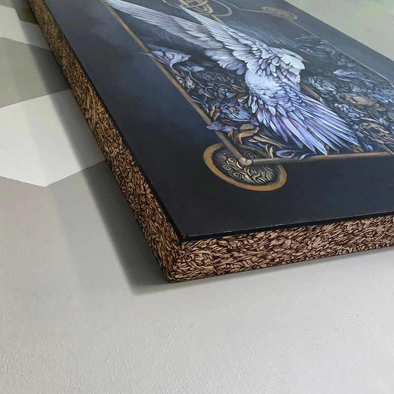 Original Painting and Woodburning with White Bird and Mushrooms