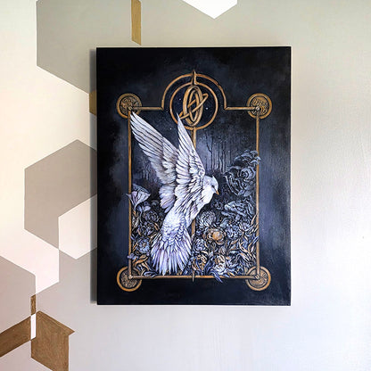 Original Painting and Woodburning with White Bird and Mushrooms