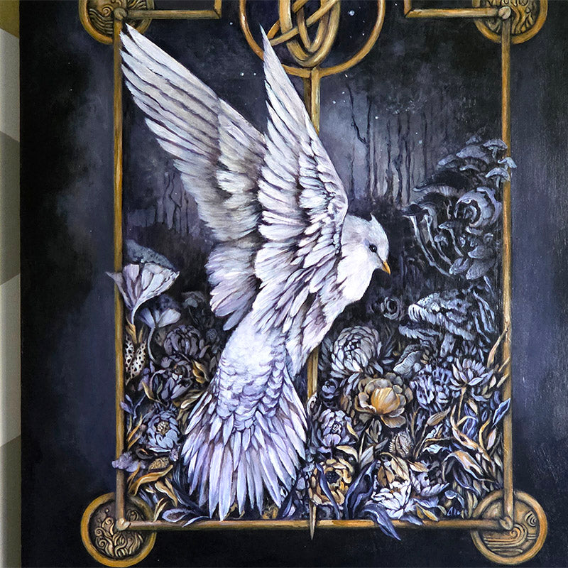 Original Painting and Woodburning with White Bird and Mushrooms