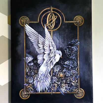 Original Painting and Woodburning with White Bird and Mushrooms