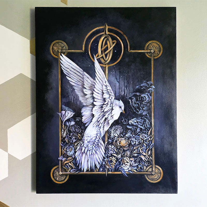Original Painting and Woodburning with White Bird and Mushrooms