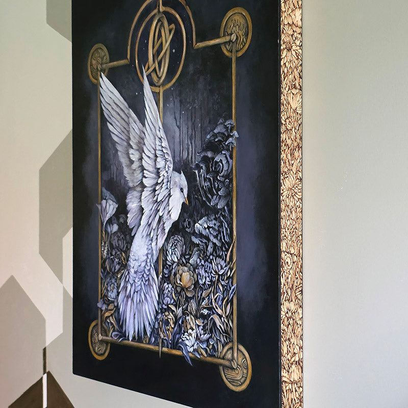 Original Painting and Woodburning with White Bird and Mushrooms