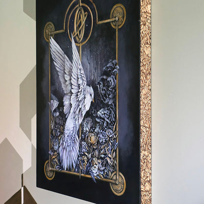 Original Painting and Woodburning with White Bird and Mushrooms