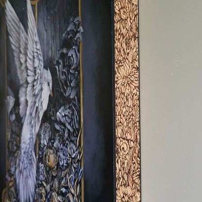 Original Painting and Woodburning with White Bird and Mushrooms