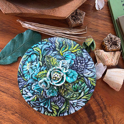 Hand painted Jewelry Box with Lid and Sculpted Flowers