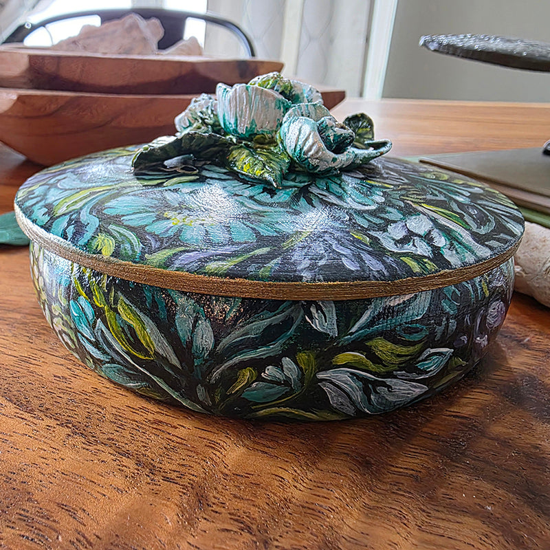 Hand painted Jewelry Box with Lid and Sculpted Flowers