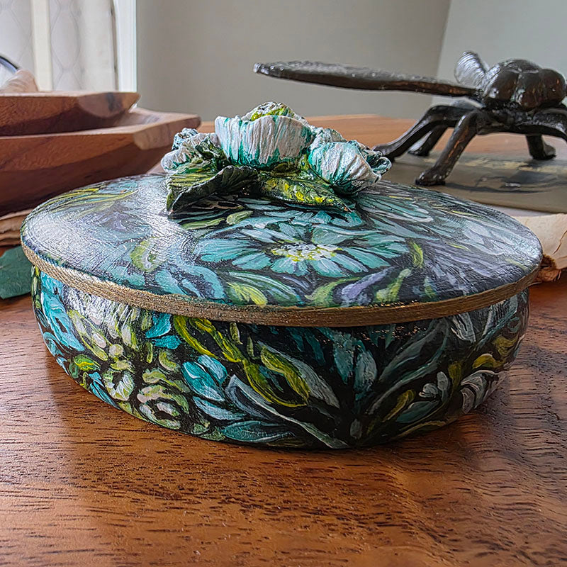 Hand painted Jewelry Box with Lid and Sculpted Flowers