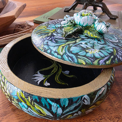 Hand painted Jewelry Box with Lid and Sculpted Flowers
