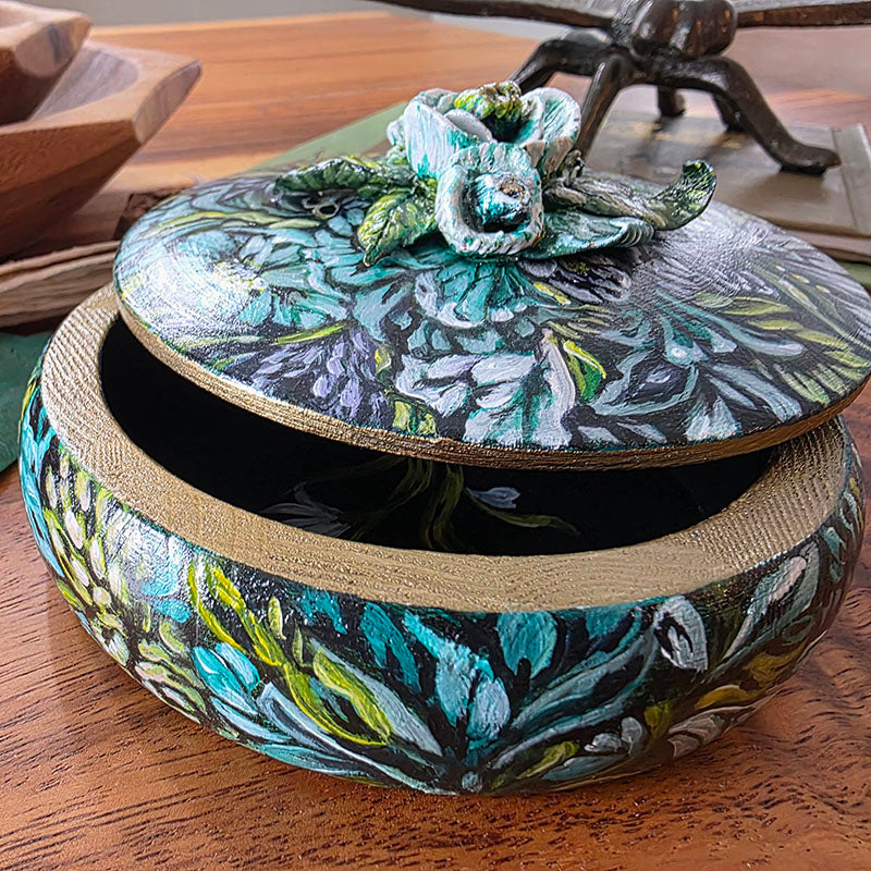 Hand painted Jewelry Box with Lid and Sculpted Flowers