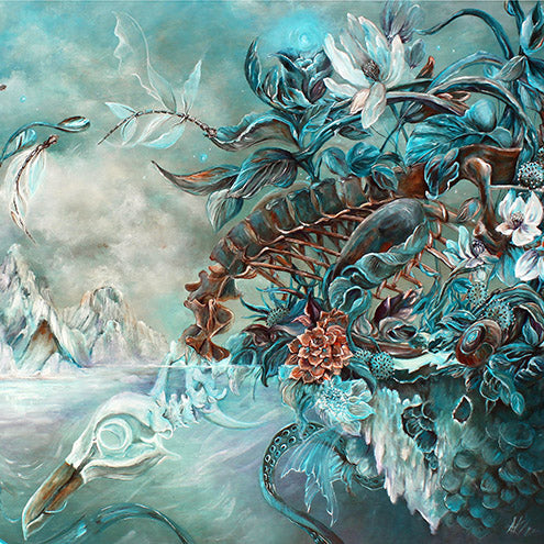 Steampunk Penguin, Ocean and Flowers