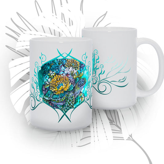 Ceramic Coffee Mug with Sea Turtle and Yellow Flowers