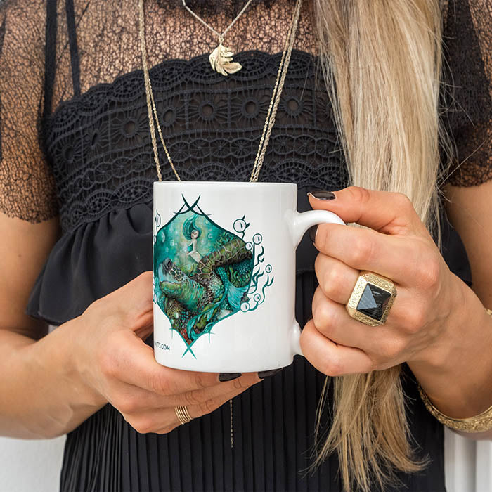 Ceramic Coffee Mug with Mermaid and Sea Turtle