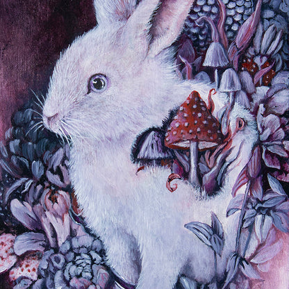 Original Acrylic Painting with Bunny and Mushrooms