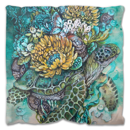 sea turtle and yellow flowers