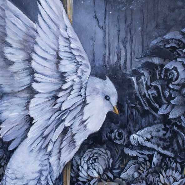 Original Painting and Woodburning with White Bird and Mushrooms