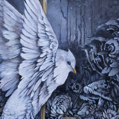 Original Painting and Woodburning with White Bird and Mushrooms