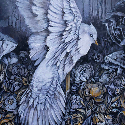 Original Painting and Woodburning with White Bird and Mushrooms