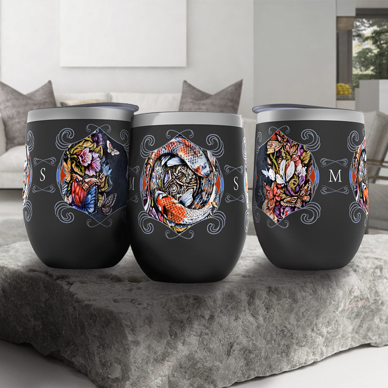 Wine Tumbler with Koi and Flowers, Personalizable