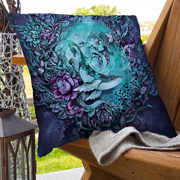 Whale, Flowers and Mushrooms Outdoor Pillow
