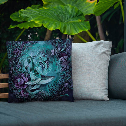 Whale, Flowers and Mushrooms Outdoor Pillow