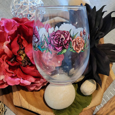 Wine Glass with Flowers and Shrooms drinkware AK Organic Abstracts 