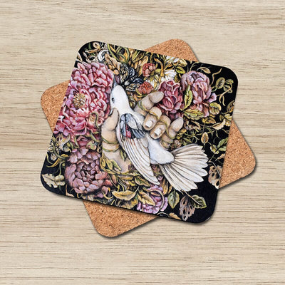 Bird, Hand and Flowers Coaster Set of 6, Cork Coaster Set coasters AK Organic Abstracts 