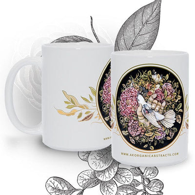 Ceramic Coffee Mug Pink Flowers, Bird and Hand drinkware AK Organic Abstracts 