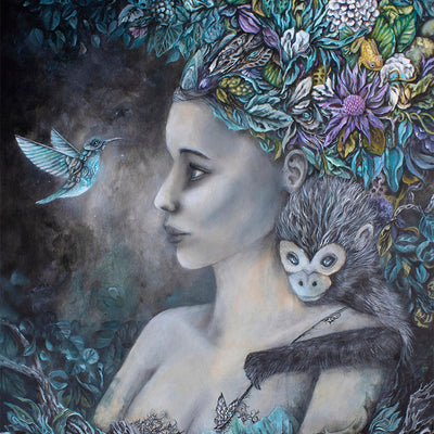 Fantasy Art Original Acrylic Painting Steampunk Goddess, Monkey and Hummingbird originalpainting AK Organic Abstracts 