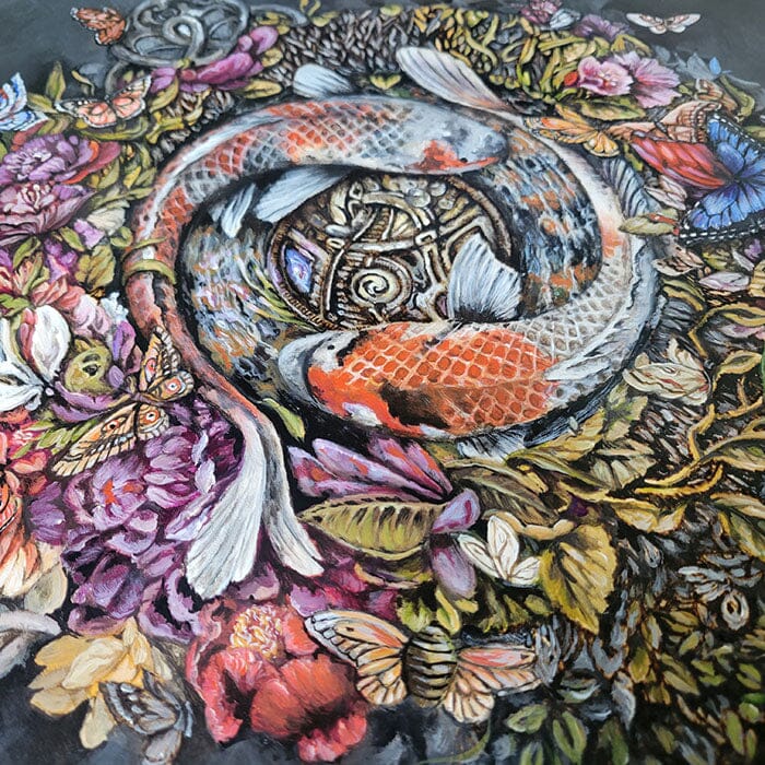 Koi and Flowers Original Acrylic, Wood Burning Painting originalpainting AK Organic Abstracts 