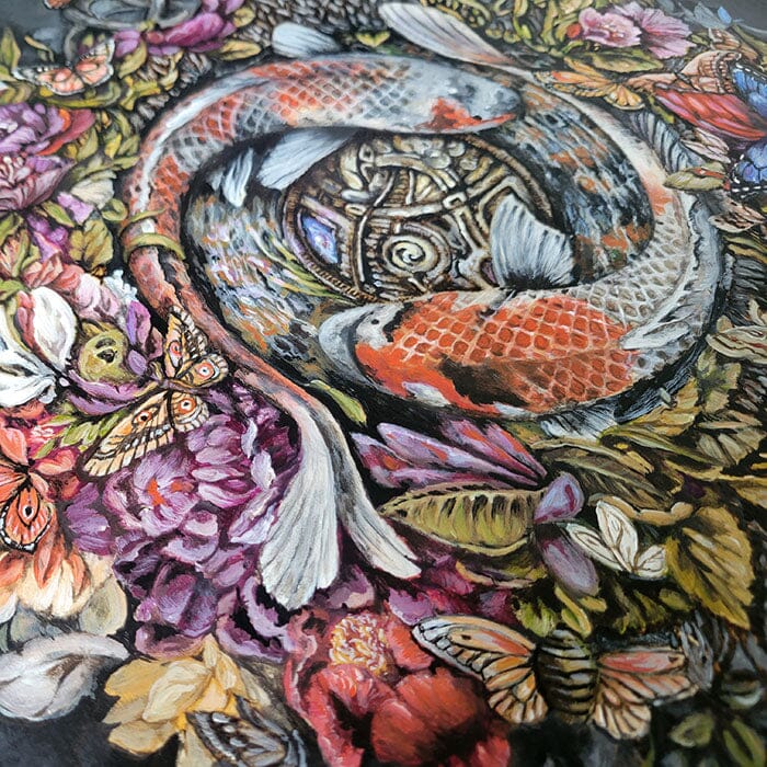 Koi and Flowers Original Acrylic, Wood Burning Painting originalpainting AK Organic Abstracts 