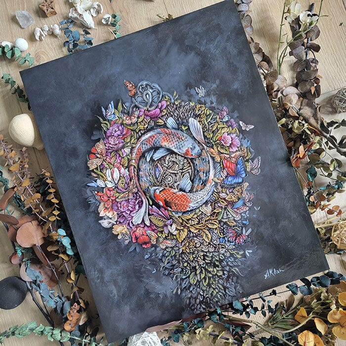 Koi and Flowers Original Acrylic, Wood Burning Painting originalpainting AK Organic Abstracts 