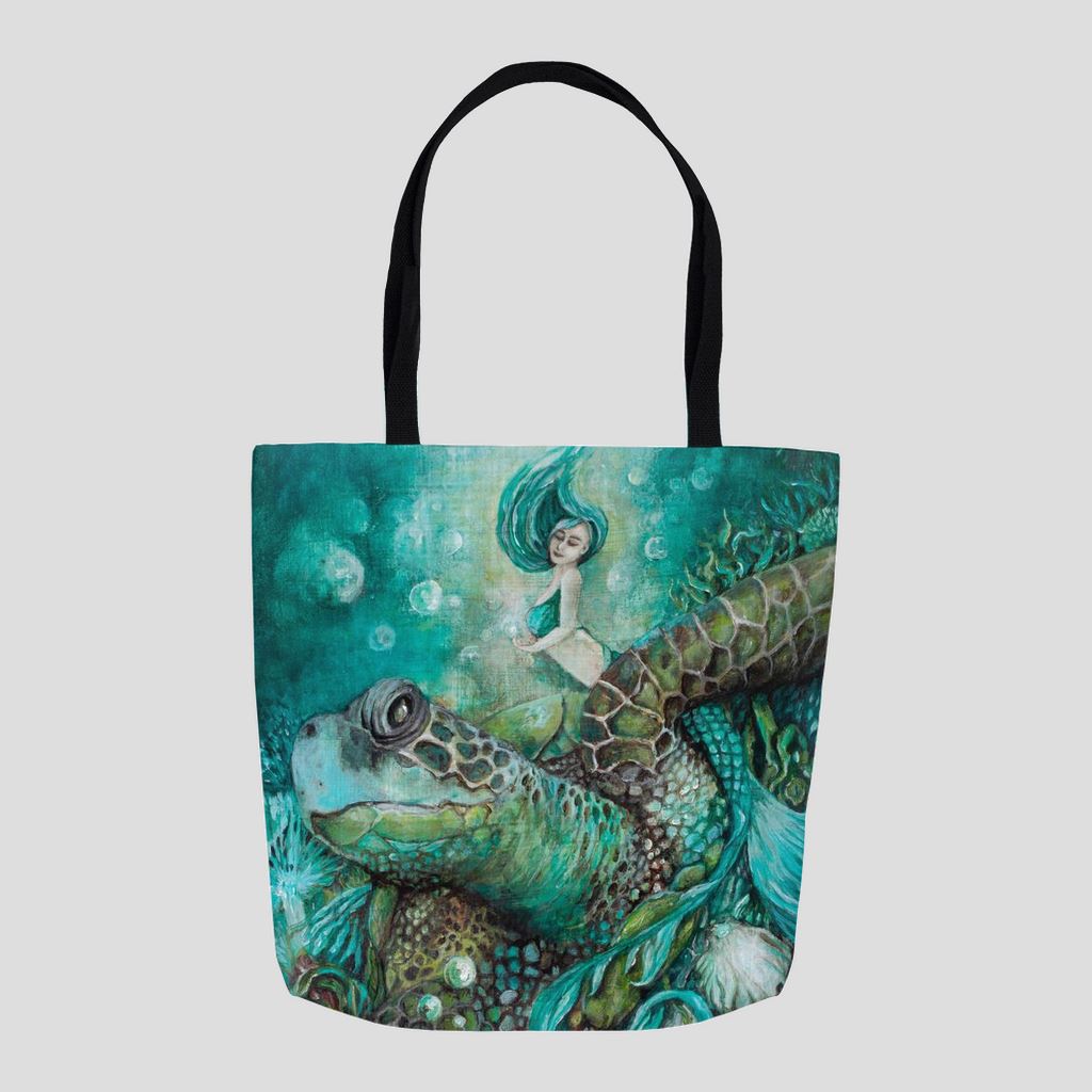 Mermaid and Sea Turtle Tote tote AK Organic Abstracts 