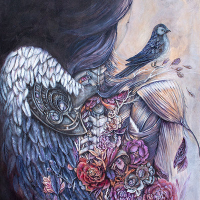 Steampunk Angel with Flowers and Bird Scifi Fantasy Art Print 