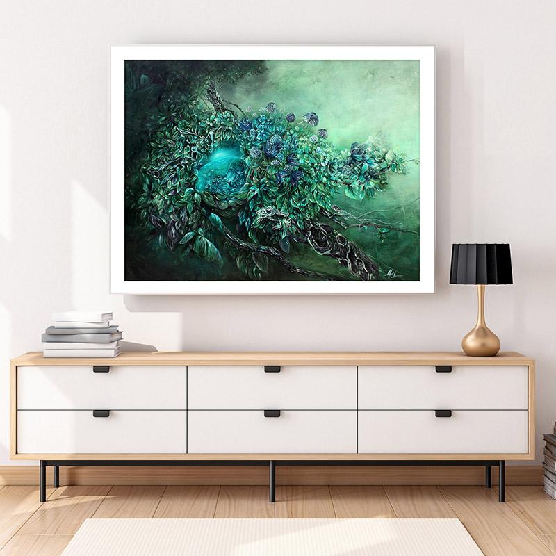 Matted and framed hummingbird forest print