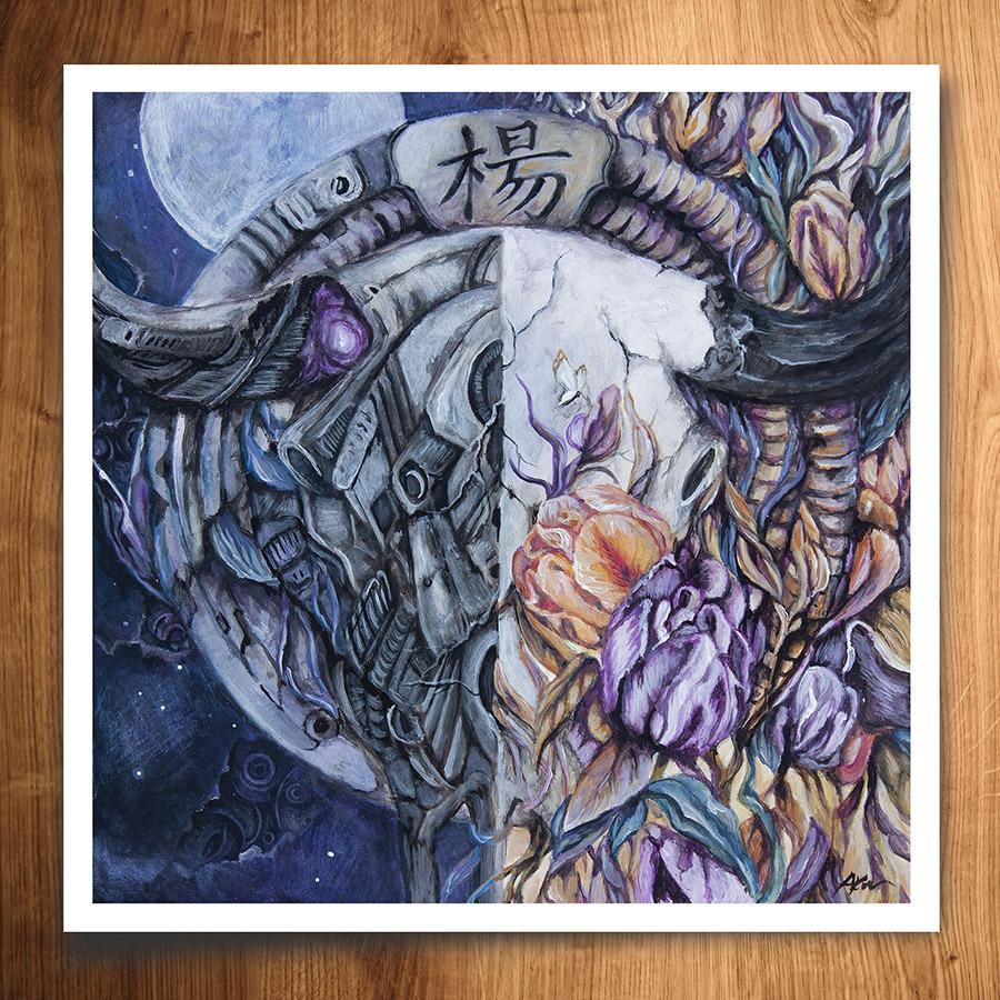 Steampunk Fantasy Art Print Ox Skull with Flowers "Ox-eee-moron" prints AK Organic Abstracts 