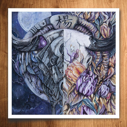 Steampunk Fantasy Art Print Ox Skull with Flowers "Ox-eee-moron" prints AK Organic Abstracts 