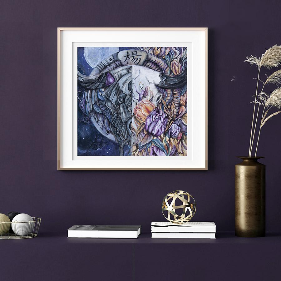 Steampunk Fantasy Art Print Ox Skull with Flowers "Ox-eee-moron" prints AK Organic Abstracts 
