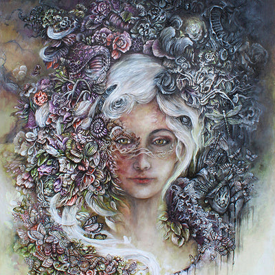 Steampunk Fantasy Girl with Flowers and Butterflies Acrylic Painting "Reclamation: Earth" originalpainting AK Organic Abstracts 