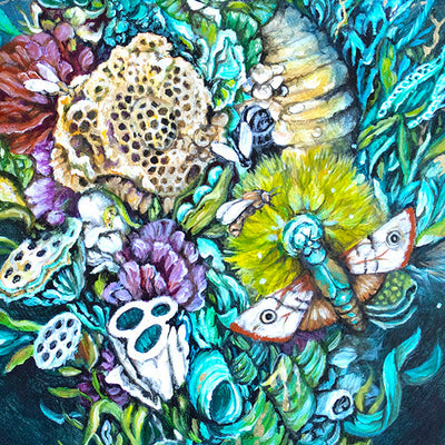 Whimsical Fantasy Art Frog, Moth, Bees and Flowers Original Painting originalpainting AK Organic Abstracts 