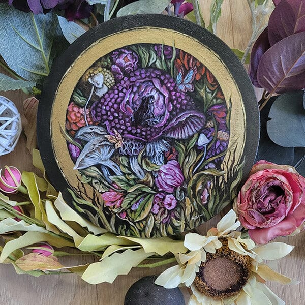 Wood Burning & Original Acrylic Painting of Mushrooms, Frog and Flowers originalpainting AK Organic Abstracts 